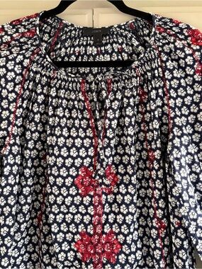 J.Crew Embroidered Tie Neck Boho Peasant Blouse Blue Floral Indian Voile Size 6